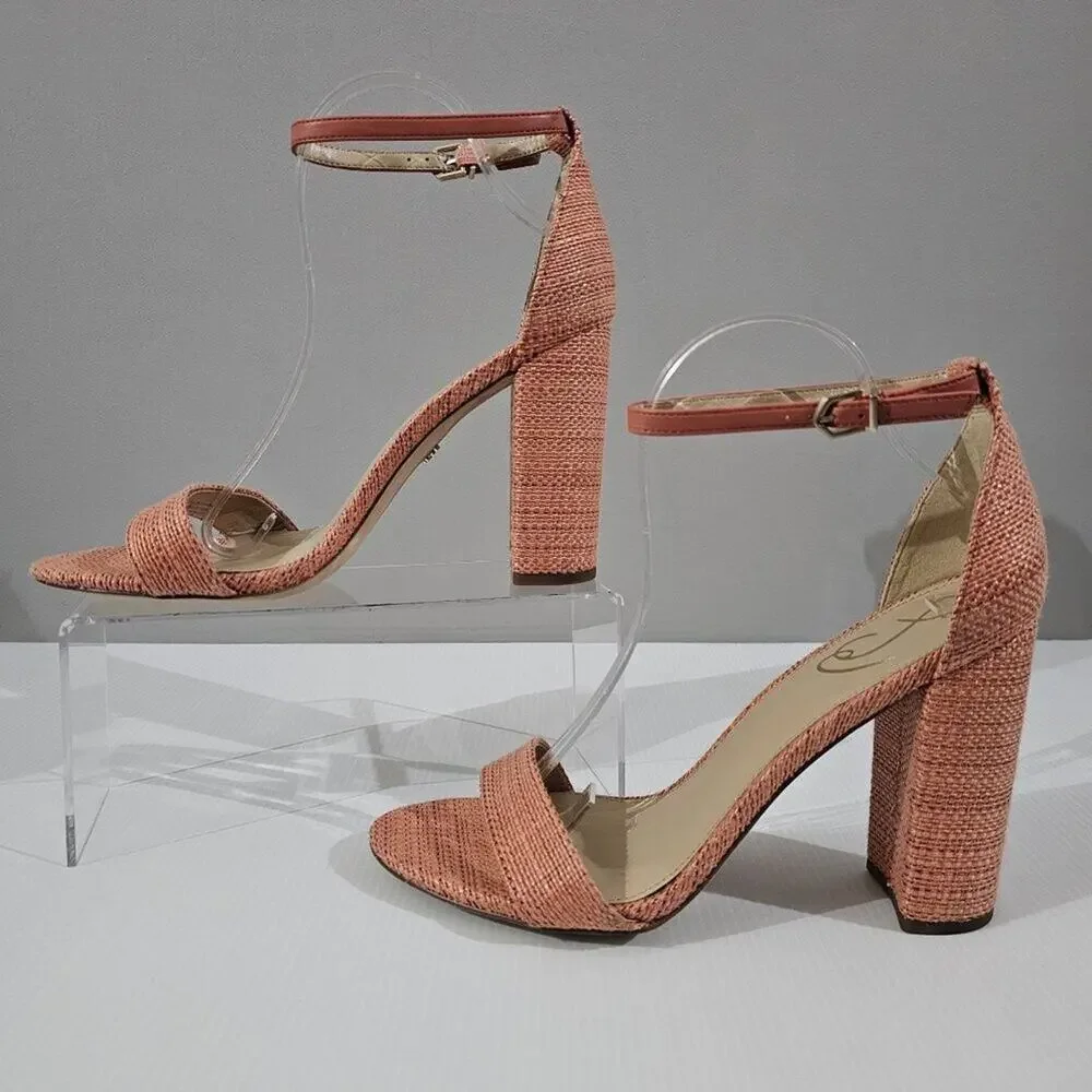 Sam Edelman Yaro Block Heel Sandal Womens 10.5 Pink Coral Woven Ankle Strap